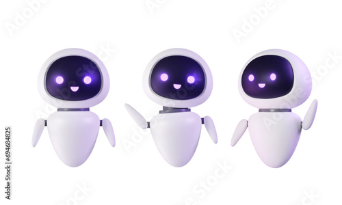 Set of Ai chatbot 3D render. Neural cute mascot in various pose, robot waving hand. Smart robotic character. Isolated vector illustration. Help assistance, artificial intelligence support device. photo