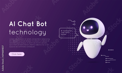 3D artificial intelligence chat bot. Banner concept with neural network robot, AI servers technology. Online communication, support assistance, cartoon digital agent. Vector illustration. photo