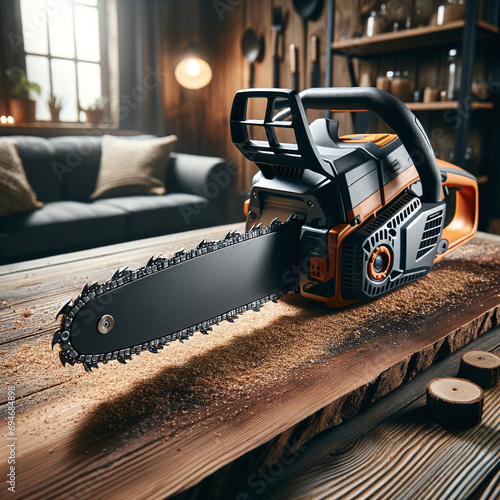 A photo of a professional-grade chainsaw with a robust design, placed on a wooden surface, highlighting its power and cutting effectiveness photo