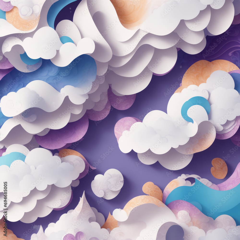 A Colorful Mural of Clouds and Rainbows on a Vibrant Purple Wall A Colorful Mural of Clouds and Rainbows on a Vibrant Purple Wall