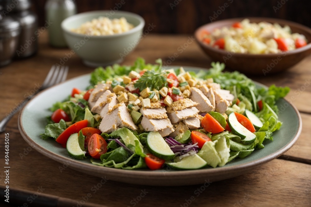 Caesar salad with chicken fillet and fresh vegetables on wooden table Caesar salad with chicken fillet and fresh vegetables on wooden table