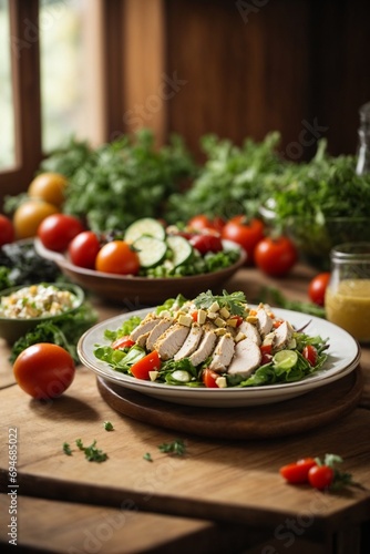 Caesar salad with chicken fillet and fresh vegetables on wooden table © Viewvie