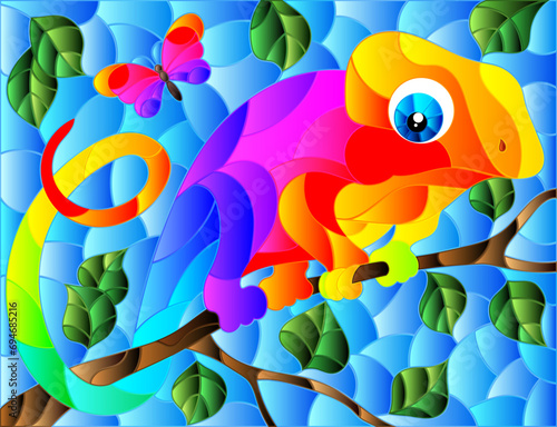 An illustration in the style of a stained glass window with a bright cartoon chameleon on a tree branch on a blue background, a rectangular image