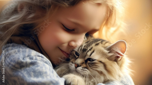 copy space, stockphoto, realistic, National Love Your Pet Day. Little girl hugging her cat. Peaceful scene. Love and friendship between an animal, cat and girl, owner.