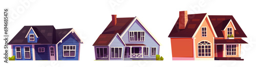 Suburban houses set isolated on white background. Vector cartoon illustration of traditional american town cottages with windows, doors, porch, chimney on roof, wooden facade, street design elements