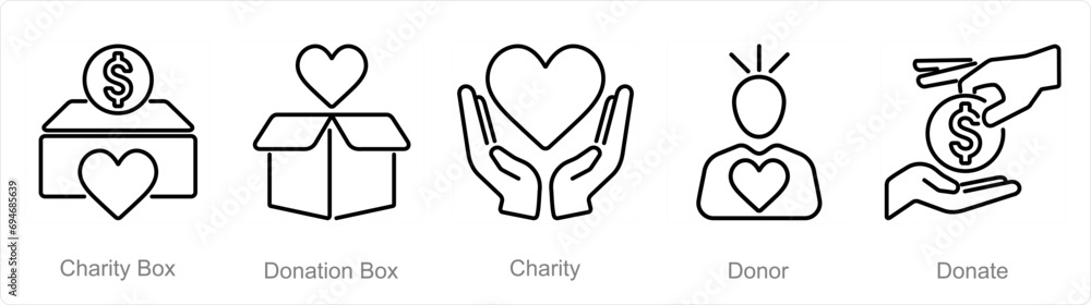 A set of 5 Charity and donation icons as charity box, donation box, charity A set of 5 Charity and donation icons as charity box, donation box, charity