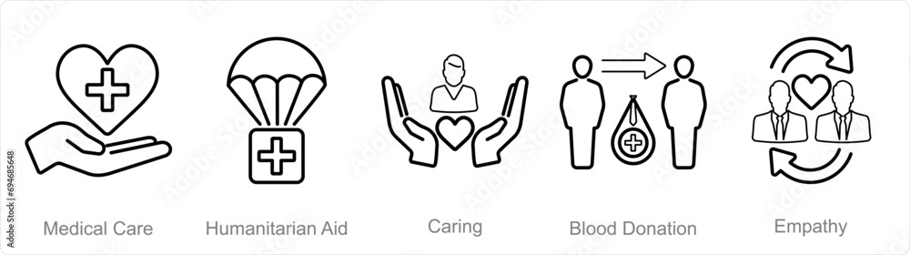 A set of 5 Charity and donation icons as medical care, humanitarian aid, caring - obrazy, fototapety, plakaty 