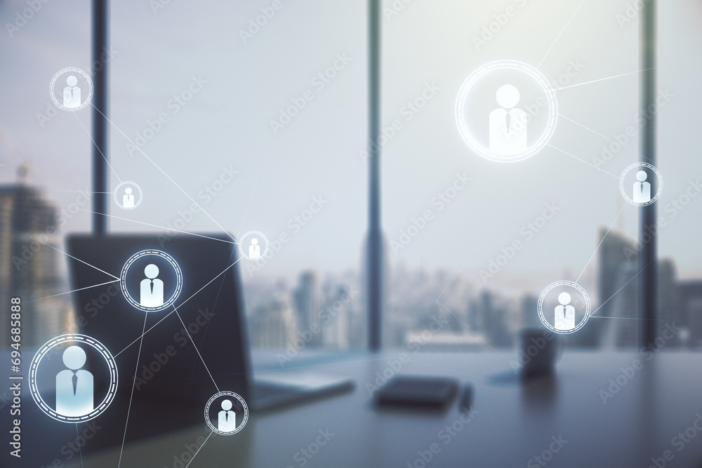 Social network concept and modern desktop with computer on background. Multiexposure Social network concept and modern desktop with computer on background. Multiexposure