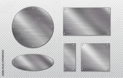 Steel metal tag plate of rectangular, square and round shape with rivets. Realistic vector set of blank aluminum nameplates or boards with screws. Chrome surface empty plaque or frame mockup. photo
