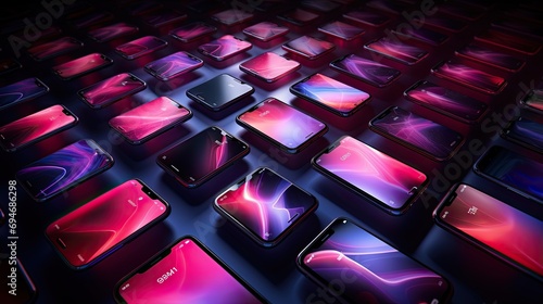 Array of Illuminated Smartphones with Colorful Display Patterns photo