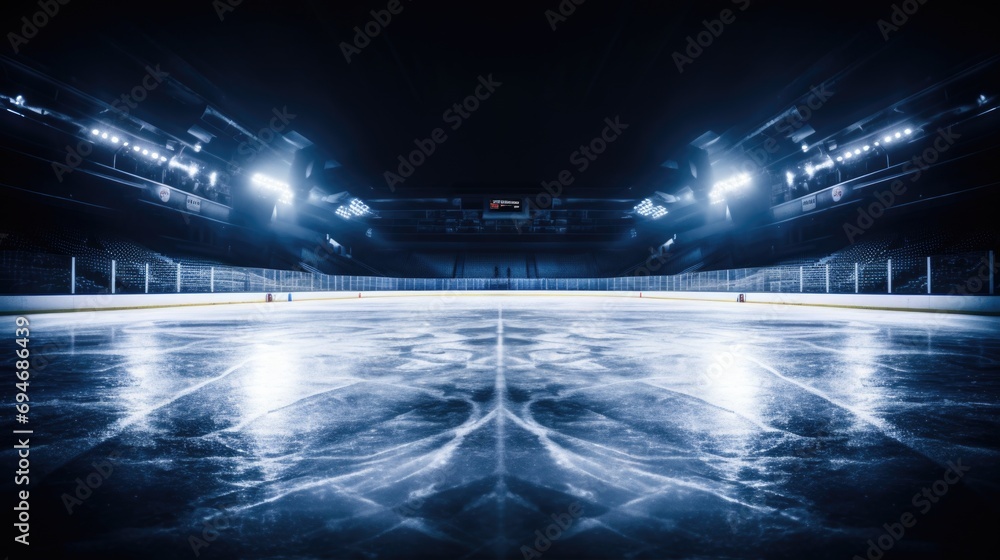 Empty Ice Hockey Rink with Glare and Arena Seating