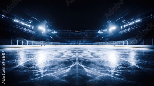 Empty Ice Hockey Rink with Glare and Arena Seating photo