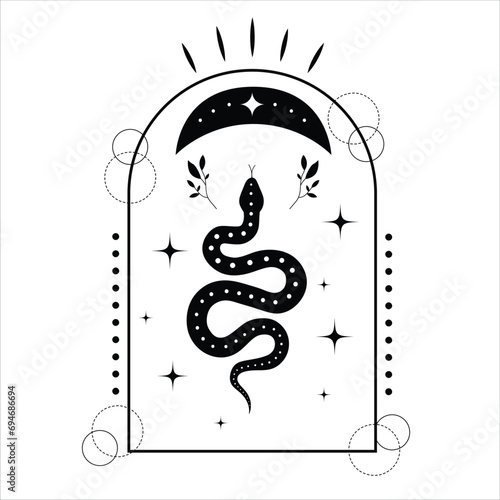 Vector snake set of mystical magic objects- moon, eyes, constellations, sun and stars.Print ready vector design for Tshirt, Mug and printing item. bundle design  .Black and white view.