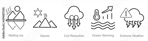 A set of 5 climate change icons as melting ice, glacier, co2 reduction