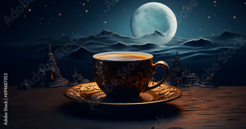 Cup of arabic coffee with crescent moon, ramadan concept photo