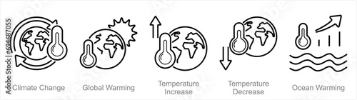 A set of 5 climate change icons as climate change, global warming, temperature increase