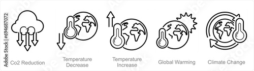 A set of 5 climate change icons as co2 reduction, temperature decrease, temperature increase