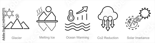 A set of 5 climate change icons as glacier, melting ice, ocean warming