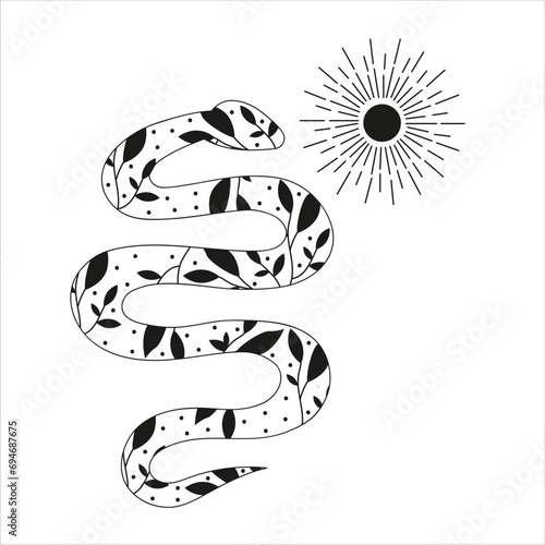 Vector snake set of mystical magic objects- moon, eyes, constellations, sun and stars.Print ready vector design for Tshirt, Mug and printing item. bundle design  .Black and white view.