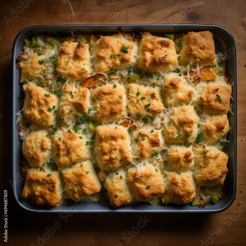 Chicken-and-biscuit cobbler on the baking pan
