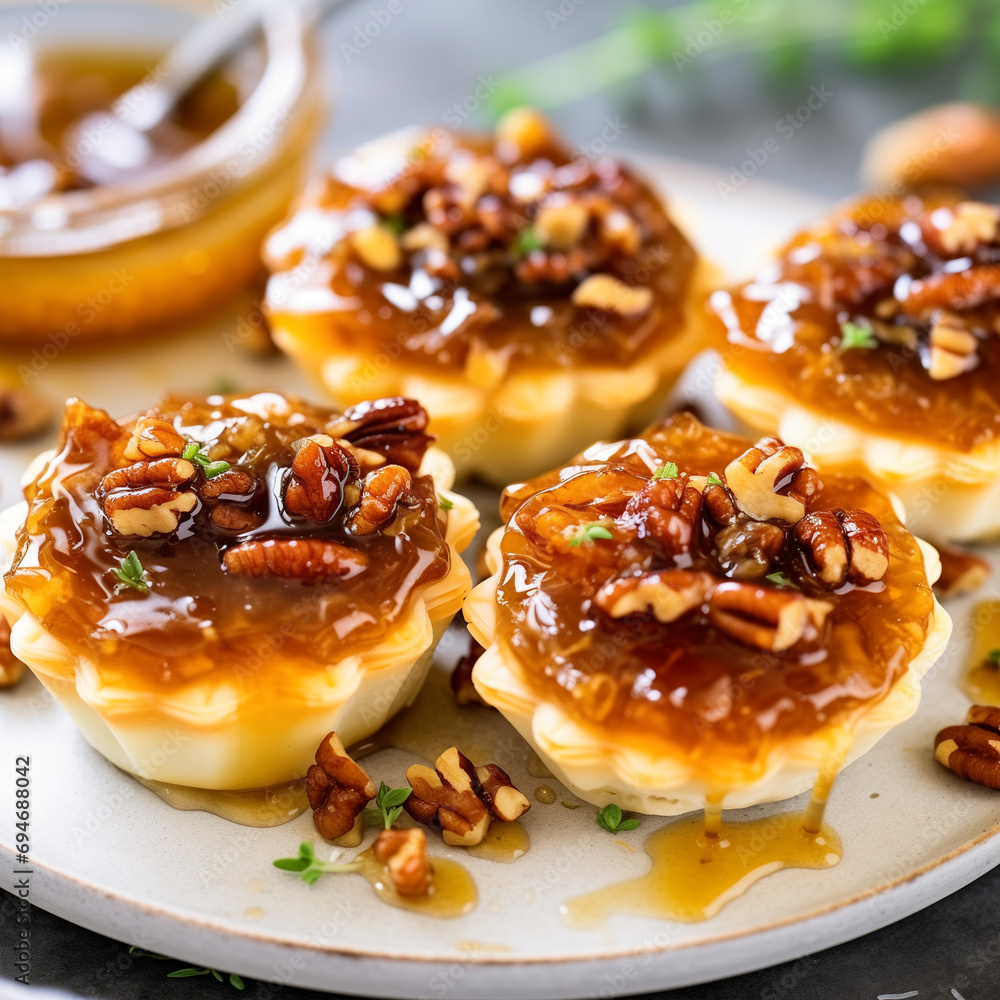 Melty baked Brie bites are topped with a dollop of pepper jelly, flaky sea salt, and a few crunchy toasted pecans Melty baked Brie bites are topped with a dollop of pepper jelly, flaky sea salt, and a few crunchy toasted pecans