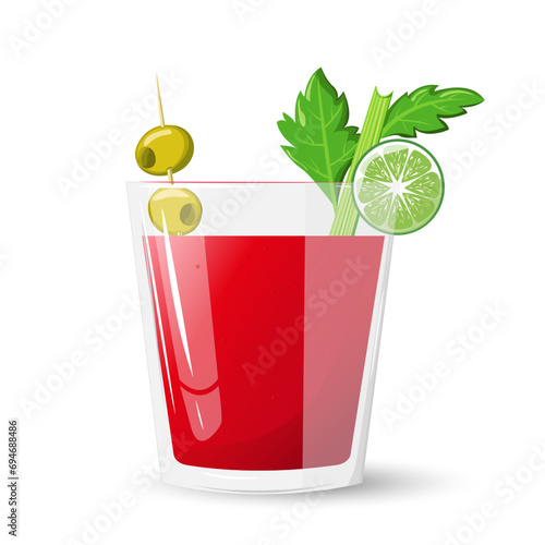Glass of bloody mary cocktail with celery, olives and lime isolated on white. In cartoon style. For menu, cocktail cards.Vector illustration
