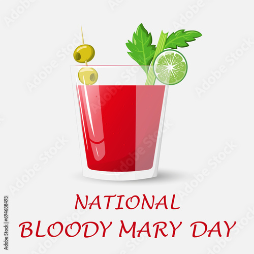 National blood day. 1 January. Glass of bloody mary cocktail with celery, olives and lime isolated on white. In cartoon style.Vector illustration