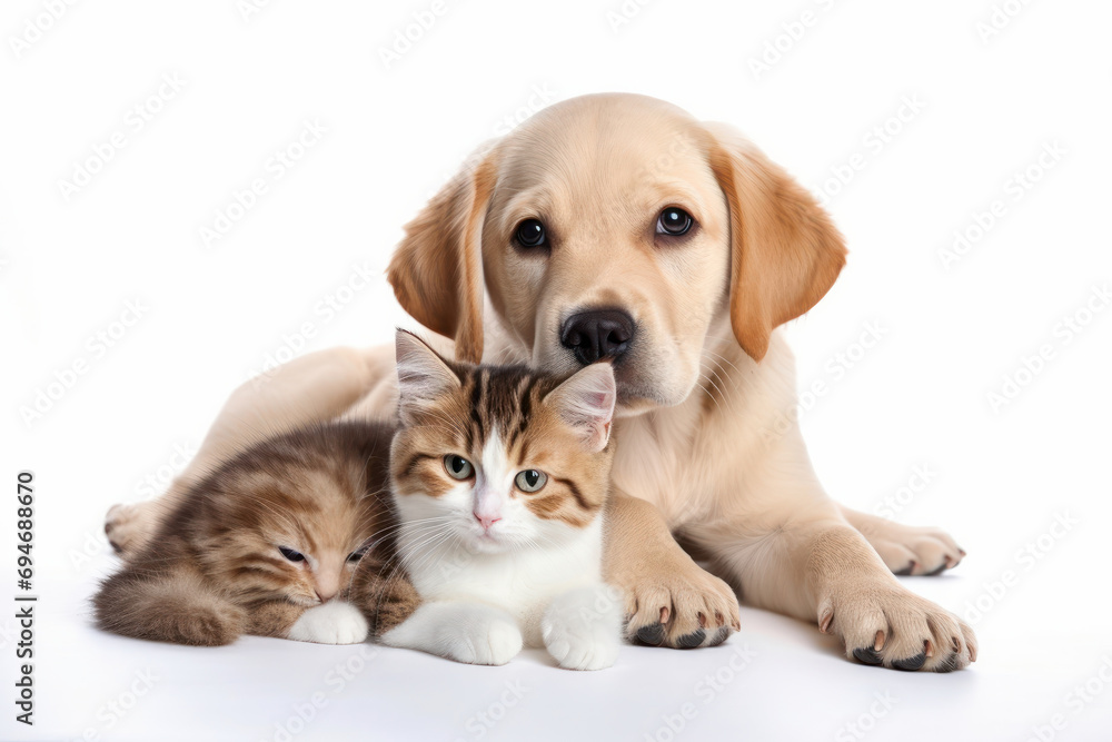 Cute puppy and kitten hugging, displaying pure friendship indoors. A lovely portrait in a studio. AI Generative.