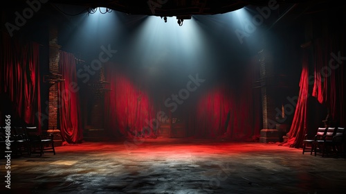 Dramatic Theater Stage with Red Curtains Under Spotlight