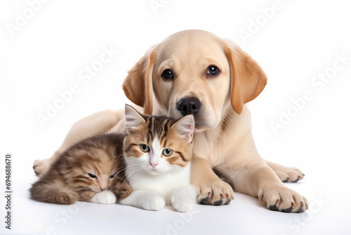 Cute puppy and kitten hugging  displaying pure friendship indoors. A lovely portrait in a studio. AI Generative.