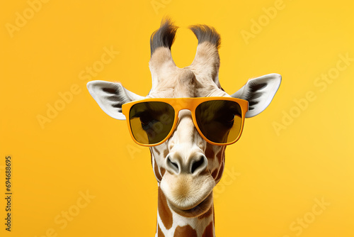 A playful giraffe sporting trendy sunglasses, offering UV protection under the sunny African sky. Ideal for summer and wildlife themes. is AI Generative.