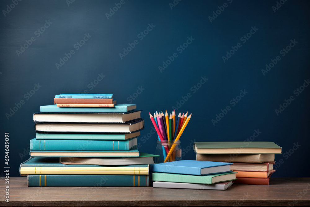 A school graphic on a blue background with room for text - featuring apples, books, pencils, and a chalkboard. AI Generative. A school graphic on a blue background with room for text - featuring apples, books, pencils, and a chalkboard. AI Generative.