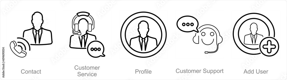 A set of 5 Contact icons as contact, customer service, profile A set of 5 Contact icons as contact, customer service, profile