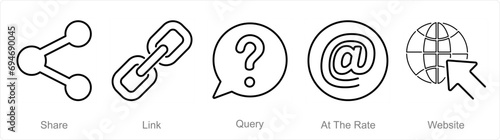 A set of 5 Contact icons as share, link, query, at the rate