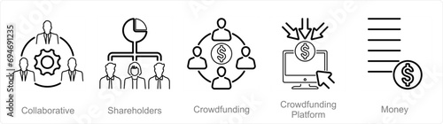 A set of 5 Crowdfunding icons as shareholders, crowdfunding, crowdfunding platform