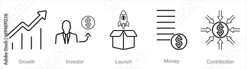 A set of 5 Crowdfunding icons as growth, investors, launch