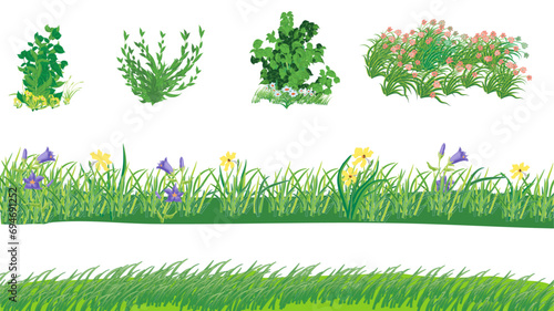 Set of grass and flowers bushes for foregrounds design elements. Vector illustration isolated on white.