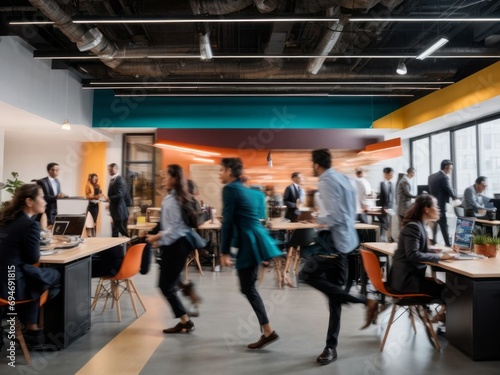 Group of office employees at a coworking center, business people