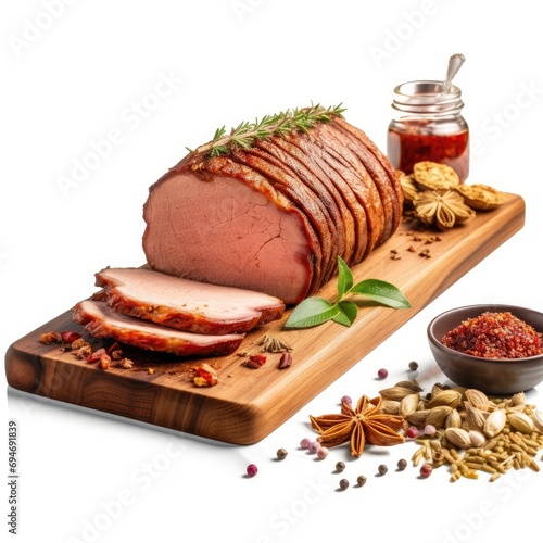 Sliced Baked Meat w Spices on Wooden Board
