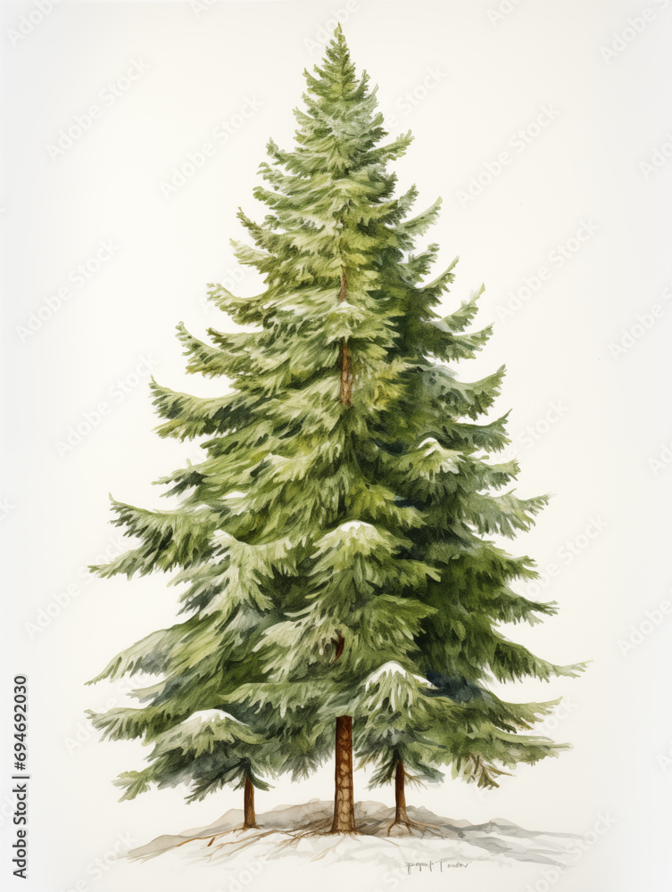 Fototapeta premium Watercolor illustration of Caucasian fir pine with snow winter. Christmas, Happy new year, Holiday, 