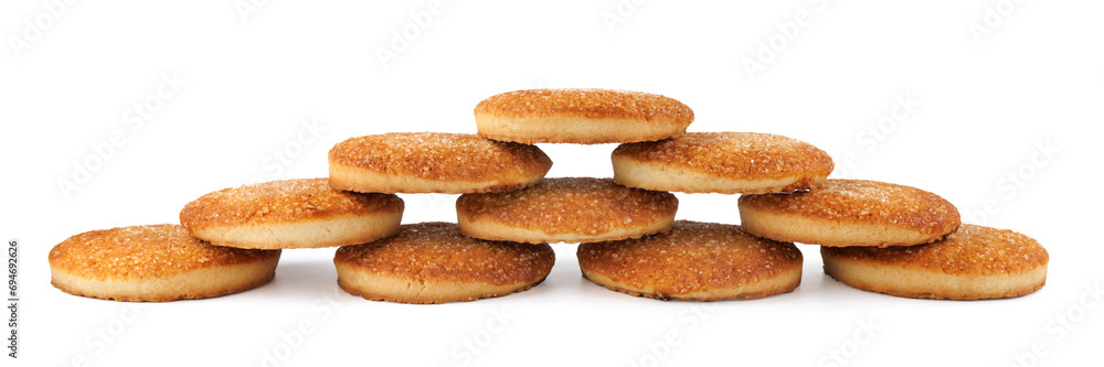 Beautiful round cookies isolated on a white background. A wall built from cookies on a white background.