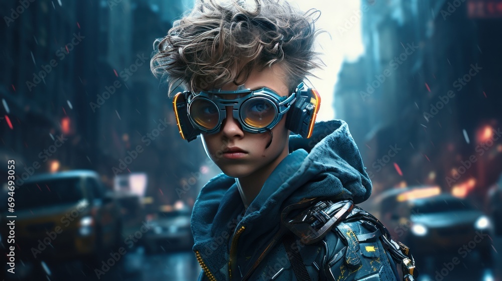 Cyberpunk modern futuristic boy with glasses AI generated image - obrazy, fototapety, plakaty 
