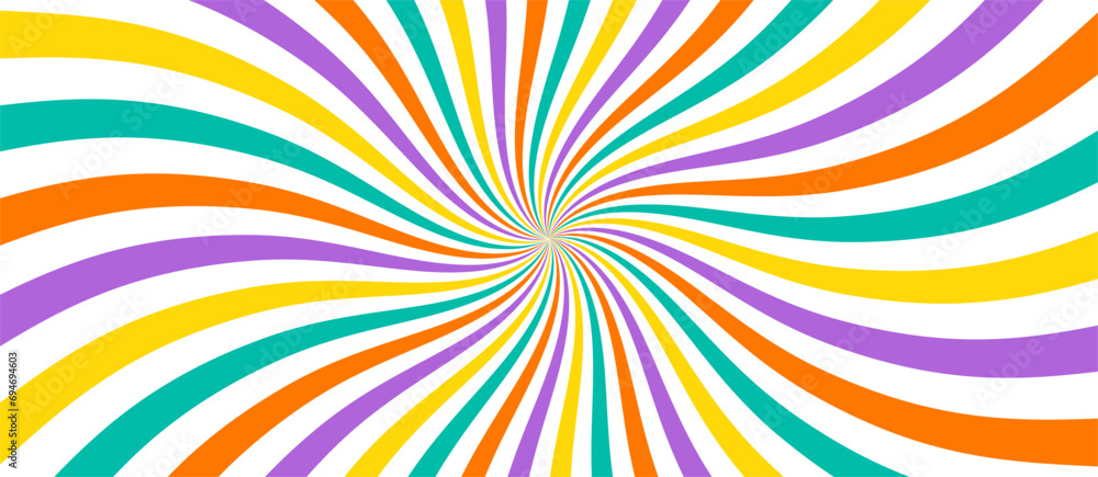 Swirling radial psychedelic background. Groovy vortex spiral twirl. Twirl sunburst pattern. Colorful lollipop texture. Swirl candy background. Vector illustration.