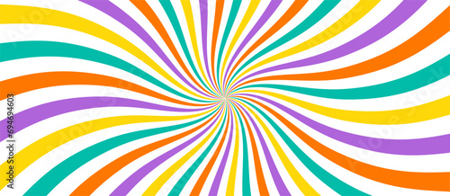 Swirling radial psychedelic background. Groovy vortex spiral twirl. Twirl sunburst pattern. Colorful lollipop texture. Swirl candy background. Vector illustration.