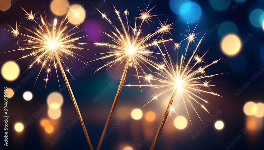 Naklejka premium Sparkling sparklers and bokeh lights in the background.,holiday celebration event party