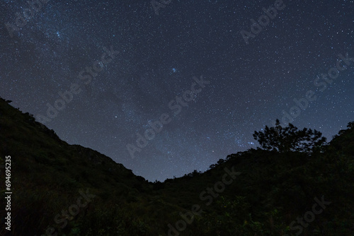Night sky full of stars and tail of milky way from the top of Doi Luang Chiang Dao in Chiang Mai, Thailand with silhouette of mountains top in the foreground