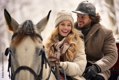 Happy couple bundled up for a cozy horse-drawn sleigh ride through a snowy forest, winter romance