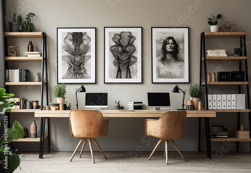 Interior of stylish room with modern workplace photo