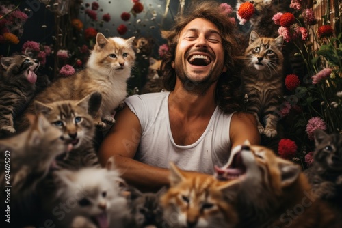 Laughing guy in the backyard surrounded by playful kittens and puppies, mental chaos