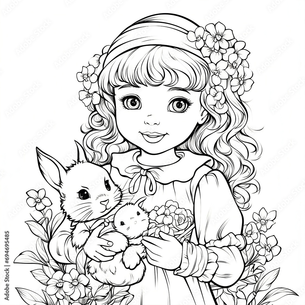Little girl with a bunny. Easter coloring page for kids Little girl with a bunny. Easter coloring page for kids
